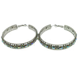 Silver-Tone Metal Hoop-Earrings With Multi Colored Crystal Accents