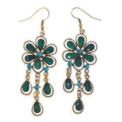 Flower Theme Stone Accents Metal Dangle-Earrings Green & Gold-Tone #LQE3133