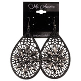 Flower Theme Crystal Accents Metal Dangle-Earrings Black & Silver-Tone #LQE3134