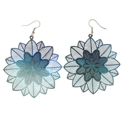 Flower & Ombre Theme Metal Dangle-Earrings Blue & Silver-Tone #LQE3135