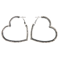 Heart Theme Crystal Accents Metal Hoop-Earrings Silver-Tone #LQE3136