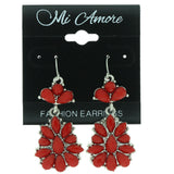 Red & Silver-Tone Colored Metal Dangle-Earrings With Bead Accents