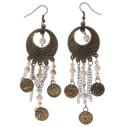 Antique Theme Beaded Accents Metal Dangle-Earrings Gold-Tone & White #LQE3141