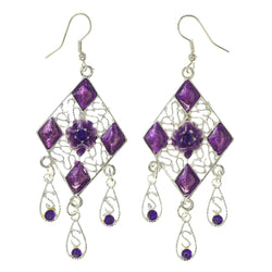 Silver-Tone & Purple Colored Metal Dangle-Earrings With Crystal Accents #LQE3242