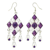 Silver-Tone & Purple Colored Metal Dangle-Earrings With Crystal Accents #LQE3242