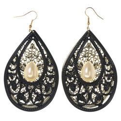 Black & Gold-Tone Colored Metal Dangle-Earrings With Bead Accents #LQE3260