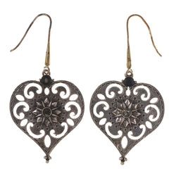 Heart Flower Dangle-Earrings Silver-Tone & Black Colored #LQE3294