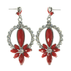 Flower -Dangle-Earrings Crystal Accents Red & Silver-Tone