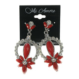 Flower -Dangle-Earrings Crystal Accents Red & Silver-Tone