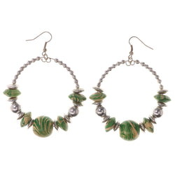 Green & Silver-Tone Colored Metal Dangle-Earrings With Bead Accents #LQE3333