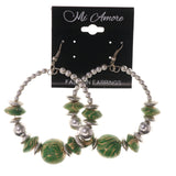 Green & Silver-Tone Colored Metal Dangle-Earrings With Bead Accents #LQE3333