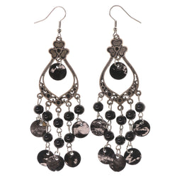 Flower Dangle-Earrings With Bead Accents Silver-Tone & Black Colored #LQE3336