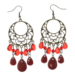 Gold-Tone & Red Colored Metal Dangle-Earrings With Bead Accents #LQE3338