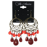 Gold-Tone & Red Colored Metal Dangle-Earrings With Bead Accents #LQE3338