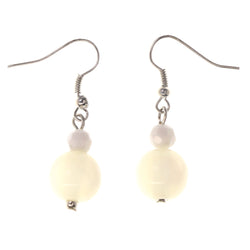 Silver-Tone & White Colored Acrylic Dangle-Earrings With Bead Accents #LQE3341