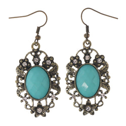 Gold-Tone & Blue Colored Metal Dangle-Earrings With Crystal Accents #LQE3346