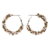 Gold-Tone & White Colored Metal Hoop-Earrings With Bead Accents #LQE3357