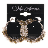 Gold-Tone & White Colored Metal Hoop-Earrings With Bead Accents #LQE3357
