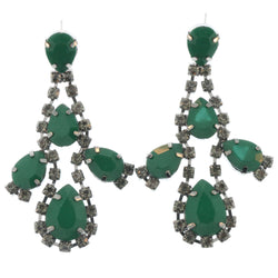 Green & Silver-Tone Colored Metal Dangle-Earrings With Crystal Accents
