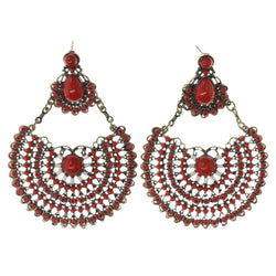 Red & Gold-Tone Colored Metal Drop-Dangle-Earrings With Bead Accents #LQE3377