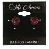 Red & Silver-Tone Colored Metal Stud-Earrings With Crystal Accents #LQE3393
