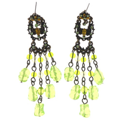 Gold-Tone & Green Colored Metal Drop-Dangle-Earrings With Bead Accents #LQE3412