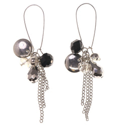 Silver-Tone & Black Colored Metal Dangle-Earrings With Bead Accents #LQE3423