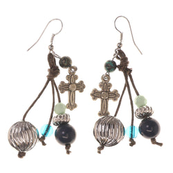 Cross Dangle-Earrings With Bead Accents Silver-Tone & Blue Colored #LQE3424
