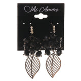 Leaf Dangle-Earrings With Bead Accents Silver-Tone & Black Colored #LQE3443