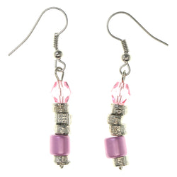 Pink & Silver-Tone Colored Metal Dangle-Earrings With Bead Accents #LQE3446