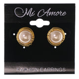 Gold-Tone & White Colored Metal Stud-Earrings With Bead Accents #LQE3471