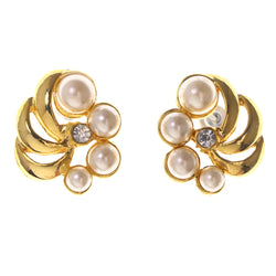 Gold-Tone & White Colored Metal Stud-Earrings With Crystal Accents #LQE3474