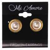 Gold-Tone & White Colored Metal Stud-Earrings With Bead Accents #LQE3476