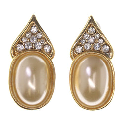 Gold-Tone & White Colored Metal Stud-Earrings With Crystal Accents #LQE3477