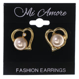 Heart Stud-Earrings With Bead Accents Gold-Tone & White Colored #LQE3482