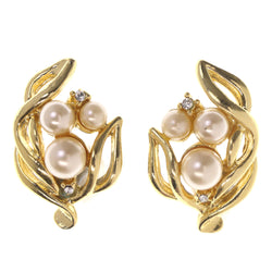 Gold-Tone & White Colored Metal Stud-Earrings With Bead Accents #LQE3483