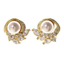 Gold-Tone & White Colored Metal Stud-Earrings With Crystal Accents #LQE3484