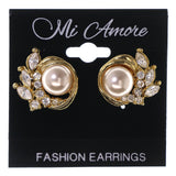 Gold-Tone & White Colored Metal Stud-Earrings With Crystal Accents #LQE3484