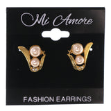 Gold-Tone & White Colored Metal Stud-Earrings With Bead Accents #LQE3486