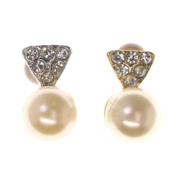 Gold-Tone & White Colored Metal Stud-Earrings With Bead Accents #LQE3488