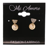 Gold-Tone & White Colored Metal Stud-Earrings With Bead Accents #LQE3488