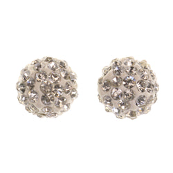 Silver-Tone & White Colored Acrylic Stud-Earrings With Crystal Accents #LQE3491