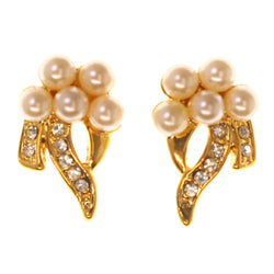 Gold-Tone & White Colored Metal Stud-Earrings With Crystal Accents #LQE3495