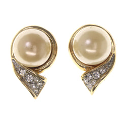 Gold-Tone & White Colored Metal Stud-Earrings With Bead Accents #LQE3498