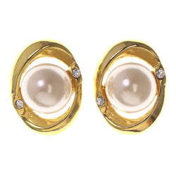 Gold-Tone & White Colored Metal Stud-Earrings With Bead Accents #LQE3499