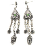 Silver-Tone & Green Colored Metal Dangle-Earrings With Crystal Accents