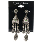 Silver-Tone & Green Colored Metal Dangle-Earrings With Crystal Accents