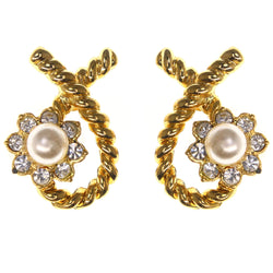 Flower Stud-Earrings With Crystal Accents Gold-Tone & White Colored #LQE3504