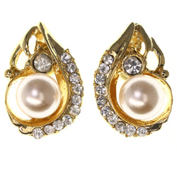 Gold-Tone & White Colored Metal Stud-Earrings With Crystal Accents #LQE3505