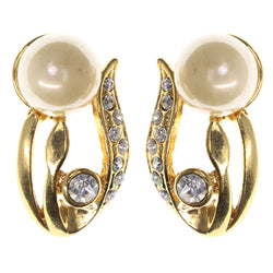 Gold-Tone & White Colored Metal Stud-Earrings With Crystal Accents #LQE3506